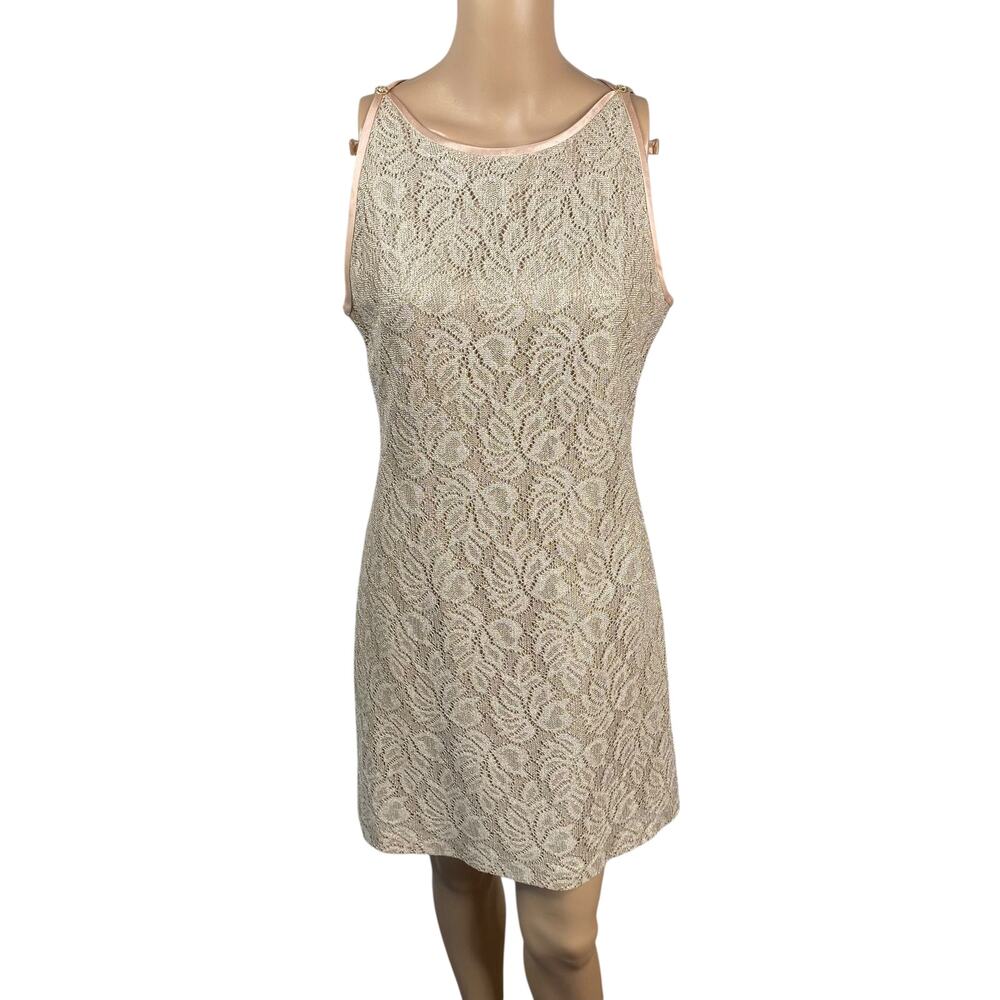 Vintage 80s Bari Jay Gold Crochet Mini Dress 10 | Glam Leaf Pattern Party